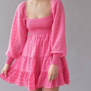 Urban Outfitters UO River Smocked Long Sleeve Mini Dress Pink